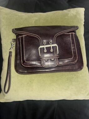 Y2K Dark Brown Leather Wristlet Clutch with Buckle Accent